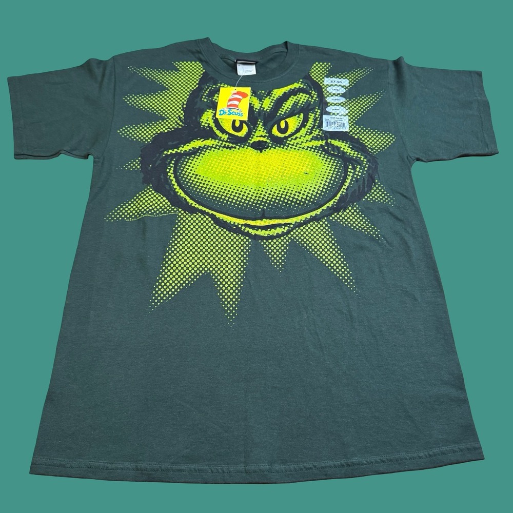 New 2001 Dr Seuss Grinch T Shirt L Green Vintage Y2K Holiday Graphic NWT